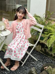 SHEIN Tween Girls  Floral Print Cami Dress & Solid Button Front Trench Coat - Pink - View 5