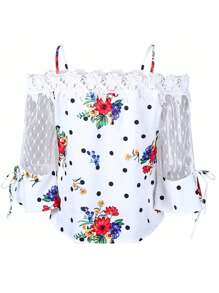 蕾丝网眼撞色花卉印花宽松衬衫，正面系带，方形领口，七分袖上衣 - 白色 - 查看 3
