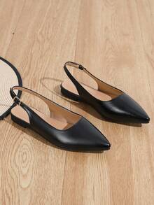 Giày Wide Fit Mùa Hè Nữ Phong Cách Đơn Giản Mới Hở Sau Mũi Nhọn Giày Gót Thấp Có Quai Sau - màu đen - Xem 2