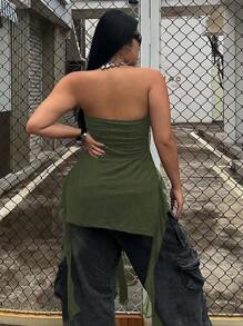 SHEIN ICON Áo yếm hàng ngày đơn giản màu trơn dành cho nữ Plus Size - xanh quân đội - Xem 2