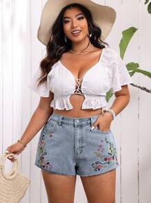 SHEIN VCAY 大碼夏季假期花卉刺繡牛仔短褲，適用於休閒場合 - 藍色 - 查看 6