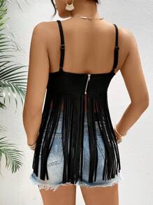 SHEIN VCAY Áo yếm da lộn màu sắc sạch sẽ ngày lễ có viền tua rua dành cho nữ - màu đen - Xem 2