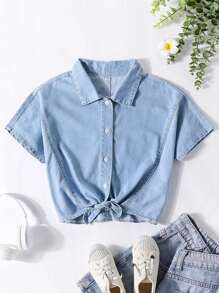 Tween Girls' Everyday Casual Denim Shirt Top - Light Wash - View 1