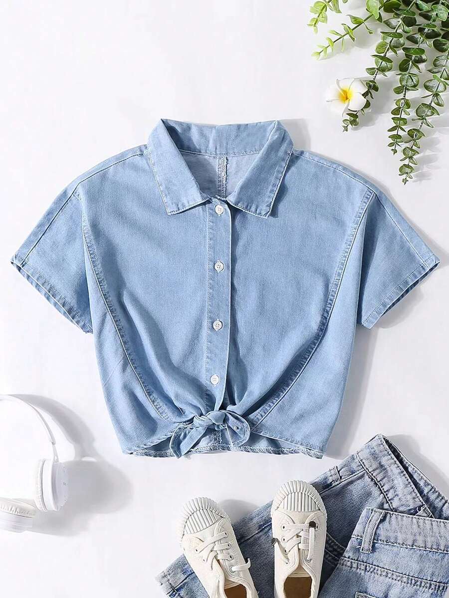 Tween Girls' Everyday Casual Denim Shirt Top - Light Wash - View 1
