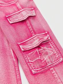 Young Girl Pink Washed Denim Cargo Pants With Multiple Pockets - Hot Pink - View 3