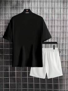 Manfinity Homme Conjunto de camiseta casual de manga corta con cuello redondo y pantalones cortos con cordón para la cintura para hombre en verano con estampado de letras