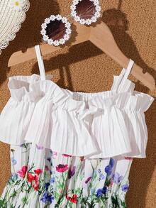 SHEIN Wedding Season Creative Flower Pattern Fashionable Spaghetti Strap Dress With Ruffle Trim, Suitable For Parties, Gatherings And Play - Medium Length, Young Girls - White - View 4