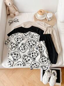 SHEIN 6pcs Cute Cartoon Bear Print Round Neck Short Sleeve T-Shirt With Elastic Waist Shorts Set For Young Boys