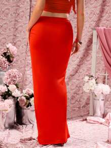 COSMINA Women's Sexy High-Slit Red Ruched Twisted Knot Bodycon Skirt - Red - View 2