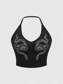 ROMWE Goth Áo yếm không tay in hình con rắn cỡ lớn, dành cho mùa hè - màu đen - Xem 1