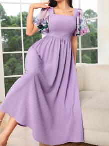 Modelyn Váy ngắn tay đơn giản in hàng ngày cho nữ - Màu tím - Xem 5