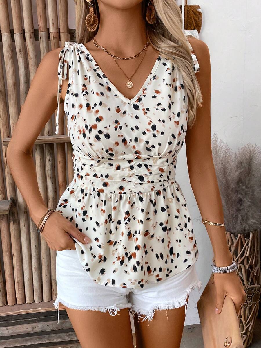 SHEIN LUNE Women's Leisure Vacation Floral Printed Waist Pleated Drawstring Design Tank Top