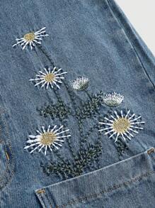 ROMWE Fairycore Country Style Daisy Printed Women's Denim Overalls And Jumpsuit, School - Light Wash - View 2