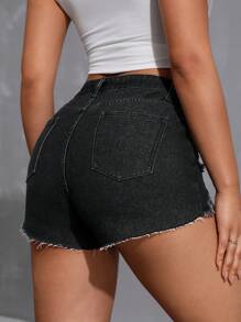 SHEIN EZwear Quần short denim dáng ôm vừa vặn thời trang mùa hè - màu đen - Xem 2