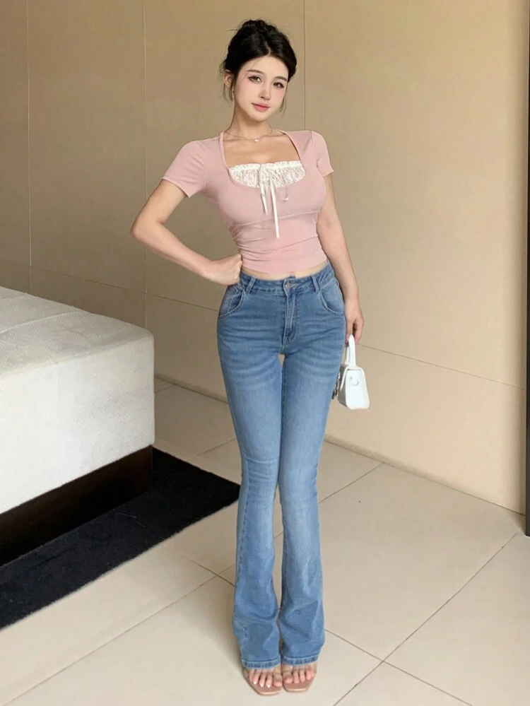 Valentine's Day Pink Women's Contrast Panel Short Sleeve T-Shirt Summer Cute Tops