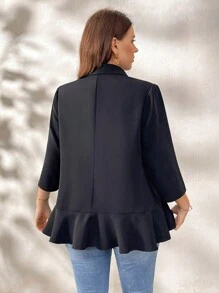 SHEIN Clasi Plus Size Elegant Black Suit Jacket With Ruffle Hemline For Women - Black - View 2