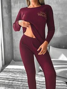 EURMUSE 100%Cotton Letter Graphic Ribbed Knit Lounge Set - Burgundy - View 4