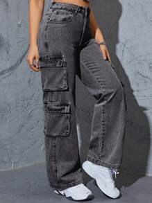 Plus Size Women's Y2K Street Style Multi-Pocket Straight Leg Denim Cargo Pants - Grey - View 5