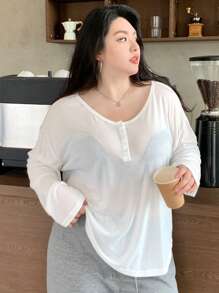 Dazy Plus Áo thun dáng rộng màu trơn cỡ lớn có cổ tròn và vạt áo nửa nút, tay dài trong suốt dành cho nữ, quần áo mùa thu cho nữ - trắng - Xem 3