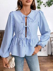 Chiquease Round Neck Striped Print Ruffle Hem Casual Long Sleeve Shirt - Blue - View 4