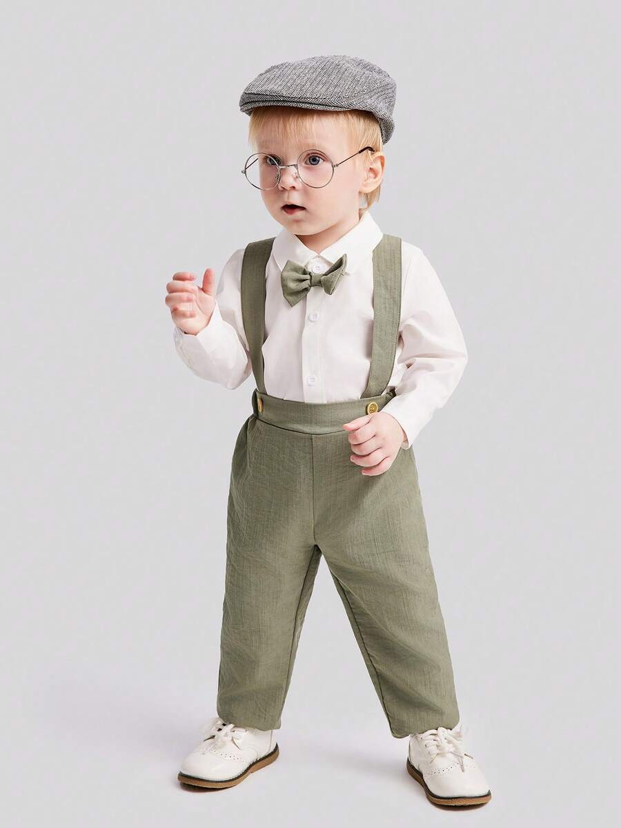 SHEIN Conjunto de alta gama de 2 piezas para bebé niño que incluye camisa de manga larga con tirantes y pantalón largo, estilo inglés de ropa formal para caballeros, perfecto para portadores de anillos y ocasiones elegantes - Verde - Ver 1