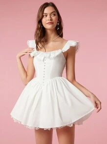 Enchnt 襯邊鈕扣前綁帶露背蕾絲連衣裙 - 白色 - 查看 1