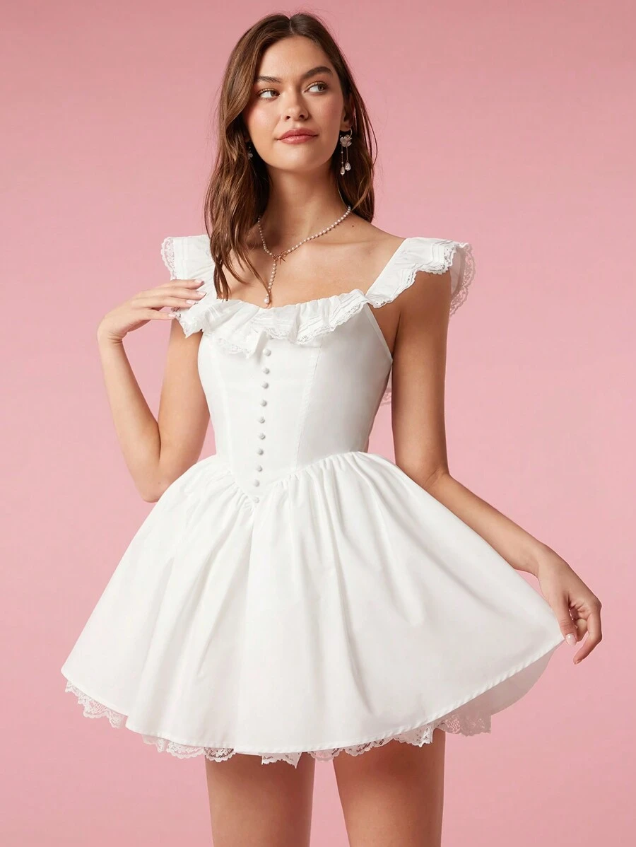 Enchnt 襯邊鈕扣前綁帶露背蕾絲連衣裙 - 白色 - 查看 1