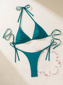 Swim SXY Women's Summer Beach Solid Color Ruched Halter Halter Sexy Bikini Set - Blue - View 6