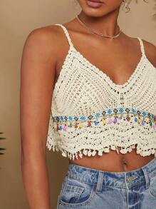 Travachic Crochet Tassel Trim Cover Up - Beige - View 8