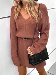 EURMUSE Drop Shoulder Sweater Dress Without Belt - Coffee Brown - View 6