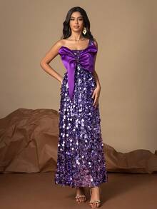 Purple Sexy One Shoulder Bow Glitter Sequin Evening Gown - Purple - View 1