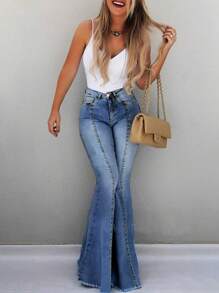 Women's Casual Washed Pocket Skinny Bell-Bottom Jeans - 淺色水洗藍 - 查看 3