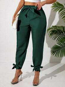 Plus Size Solid Color Pleated Tie-Up Cone Pants, Casual Spring - Dark Green - View 5