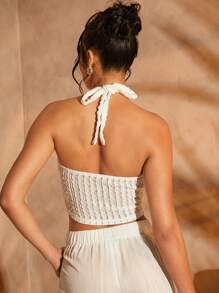 Hauture Vacation Outfits Gold Hardware Detail Asymmetrical Hem Halter Crop Fall Top