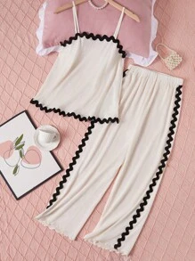 SHEIN 女士新款簡約時尚背心上衣配鬆身褲家居套裝 2件裝 - 杏色 - 查看 4