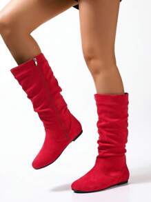 Fall/Winter 2025 Red Pleated Flat Round Toe Side Zipper All-Match Casual Comfortable Fashionable Women's Flat Boots