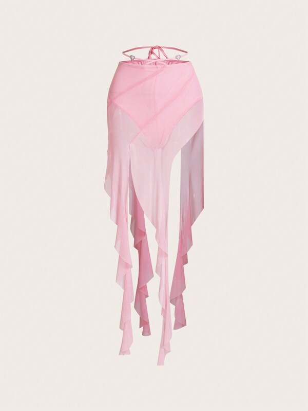 SHEIN ICON Low-Rise Mesh Asymmetrical Lace Hem Bodycon Skirt With Chiffon Streamers