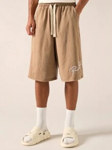 Manfinity VCAY Men's Drawstring Waist Knitted Casual Shorts With Letter Print - Rust Brown - View 5