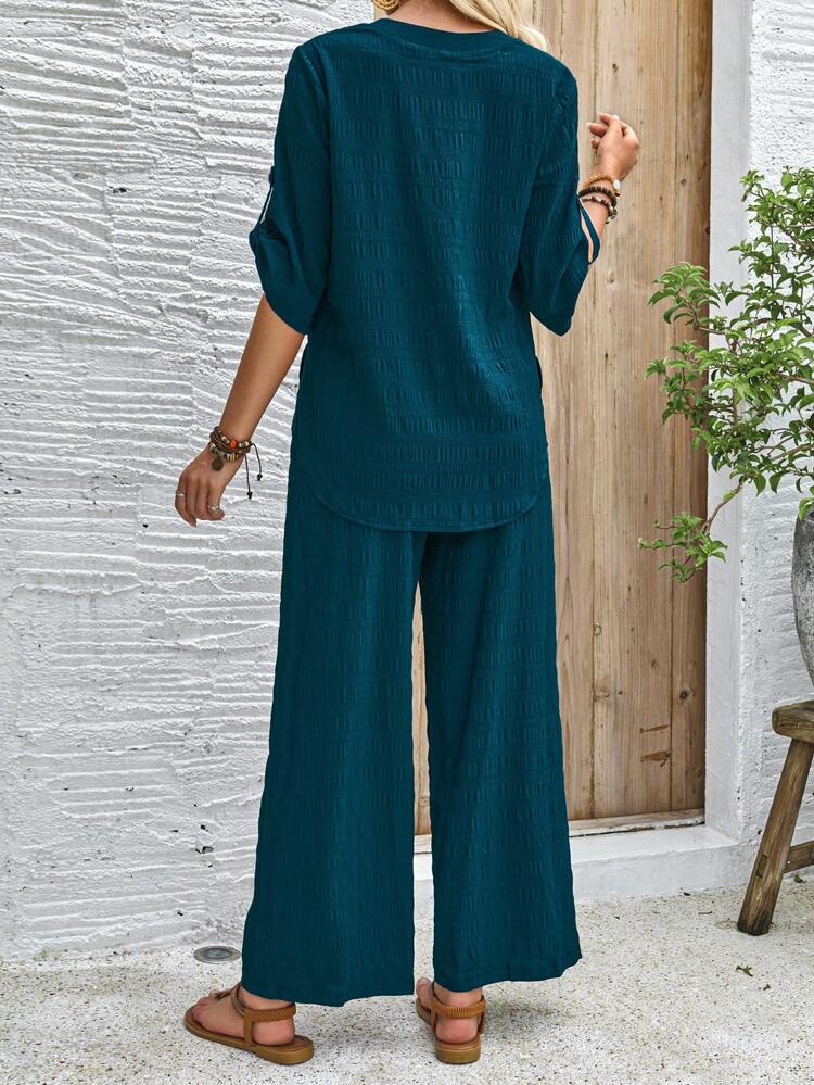 Textured Fabric Solid Green Women Casual Tops And Trousers Summer Two-Piece Suit