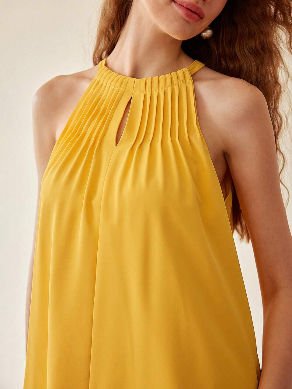 SOLID FOLD PLEATED TIE BACK HALTER TOP