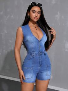 SHEIN Essnce Women Solid Button Front Denim Romper - Light Wash - View 3