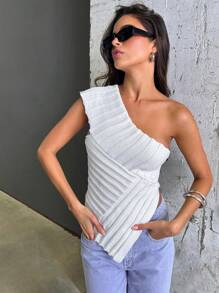 Hauture Blusa asimétrica de punto acanalado con un solo hombro descubierto para mujer - Blanco - Ver 8