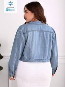 Plus Size Spring/Summer/Fall Casual Denim Jacket With Stud Embellishments - أزرق فاتح - مشاهدة 2