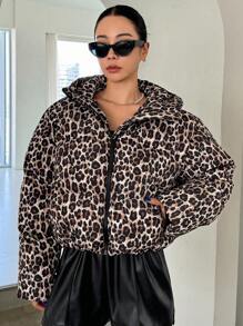 DAZY 豹纹宽松连帽长袖拉链女士棉服外套，冬季女装，冬季外套女士 - 棕色 - 查看 3