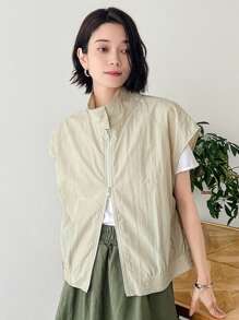 FRIFUL Women Solid Zip Up Batwing Sleeve Jacket - Khaki - View 1