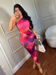 SHEIN SXY Áo thun in họa tiết nhuộm loang một bên vai gợi cảm mùa hè có đường xẻ cao, kết hợp với chân váy bó sát cạp cao Bộ trang phục Clothes Western Wear Trang phục sinh nhật Tiệc độc thân Câu lạc bộ hòa nhạc Tiệc tốt nghiệp - Nhiều màu - Xem 1