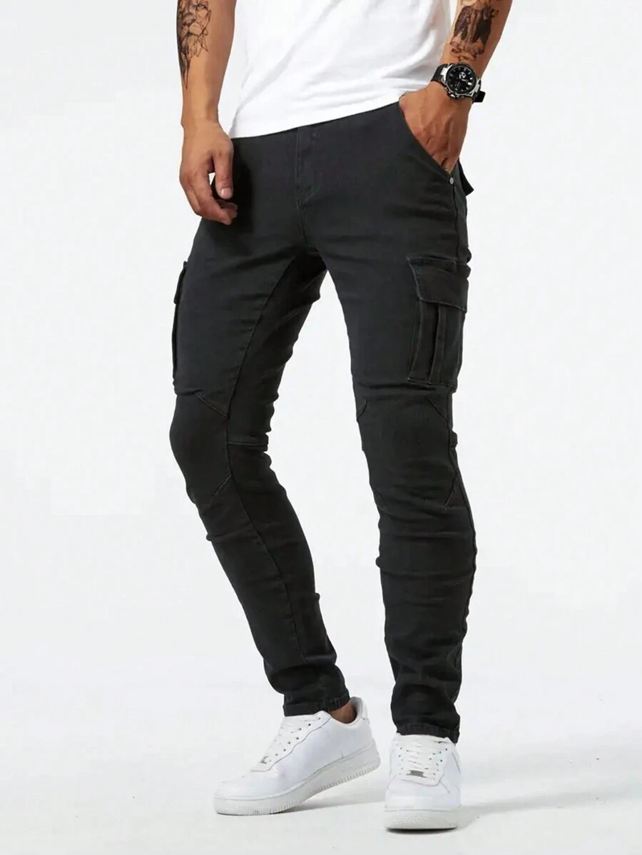 Men's Fashionable Multi-Pocket Stretchy Slim Fit Casual Jeans - Black - View 1
