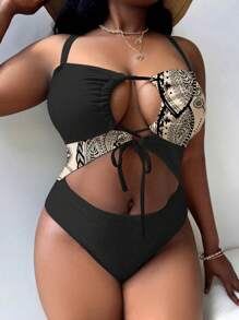 SHEIN Plus Size Color Block One-Piece Swimsuit With Fashionable Lace-Up Design, Ideal For Vacation Summer - Multicolor - View 3