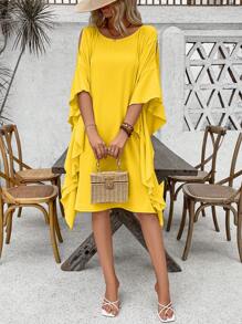 SHEIN LUNE Yellow Batwing Sleeve Round Neck Muslim Women Abaya Dress
