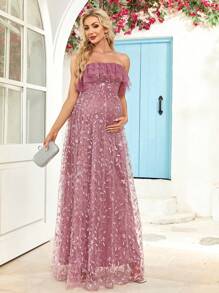 Maternity Bandeau Embroidered Formal Dress - Dusty Pink - View 5